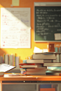 generate high resultion hyper-realistic image of a research and pile of books and notes inside the classroom. the background is a classroom with a professor describing text on a the classroom clipboard. make the background is fuzzy. use the theme of light