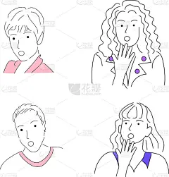 第四组漂亮的女孩很惊讶。手工风格矢量设计插图。面部表情。