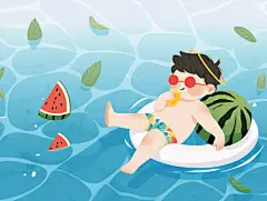 夏日处暑清凉唯美孩童飘在水面吃西瓜插画卡通插画清凉节
