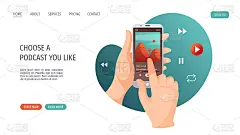 与智能手机。播客、广播、音乐、有声读物、网络学习、在线课程概念。矢量插图网站，海报，横幅，广告。