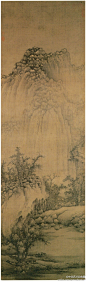 #水墨画#【 五代 巨然 《溪山兰若图》 】轴，绢本，185.4×57.6cm，美国克利夫兰博物馆藏。 此图高耸云表的山峦雄居于画幅上部，山头布有矾头状的卵石，犹是巨然本色，下部冈阜林木葱郁，掩隐楼阁屋宇，前部有坡岸溪水，展示一片宁静清谧的意境。画幅右上有“巨五”编号，当是六幅通景屏风中的第五幅。