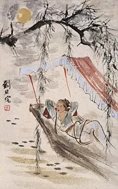 刘旦宅.擅人物，兼花鸟，取法汉唐人物、宋元山水及陈老莲和八大之花鸟，广泛吸取古人之长而融会贯通，工写兼长，创作多取古典题材及历史人物，造型清俊，情思横逸，秀拙相蕴，生动雅健，风格别具；又作减笔泼墨，融工笔、线描、泼墨为一体，格外古朴脱俗，耐人寻味。#水墨书画##水墨界# ​​​​