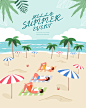 卡通清新夏日海边沙滩椰树游泳冲浪旅游度假插画海报eps设计素材-淘宝网