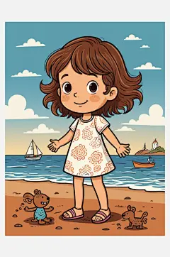 数字艺术插画版画海边女孩线条画扁平风装饰-众图网