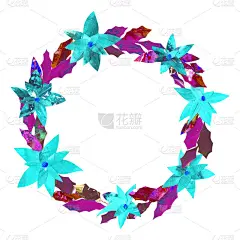 圣诞花环被隔离在白色的背景上。蓝紫色一品红框架。手绘花环。圣诞节节日装饰贺卡，横幅，和更多。纸拼贴。