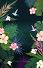 热带植物动物火烈鸟psd分层海报设计素材手绘插画背景森林树叶 (1)