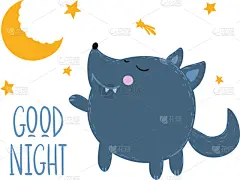 可爱的,就寝时间,儿童,狼,式样,运气,夜晚,明信片,短语,设计