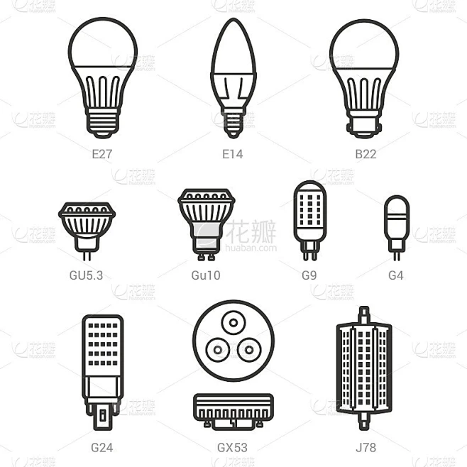 LED灯的灯泡矢量轮廓图标设置素材-花瓣网