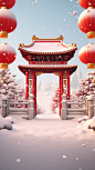 Spring Festival, simple Chinese architectural gates, snowman, snow, fireworks, gold coins, lanterns, red envelopes, Spring Festival atmosphere, C4D modeling, OC rendering