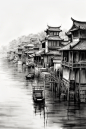 水墨画风徽派建筑江南水乡插画