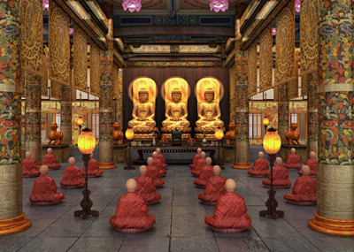 写实神庙大殿场景，寺庙，礼佛，佛堂，和尚，僧人，宗教，佛祖，拜佛，max场景，大殿，大雄宝殿，佛教