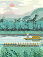 国潮中国风旅途风景撑船的少女主视觉插画