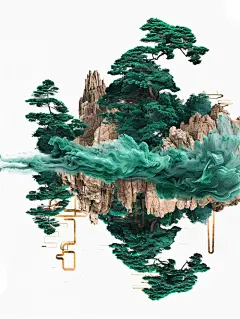 数字艺术创意插画玉石雕刻山水屏风