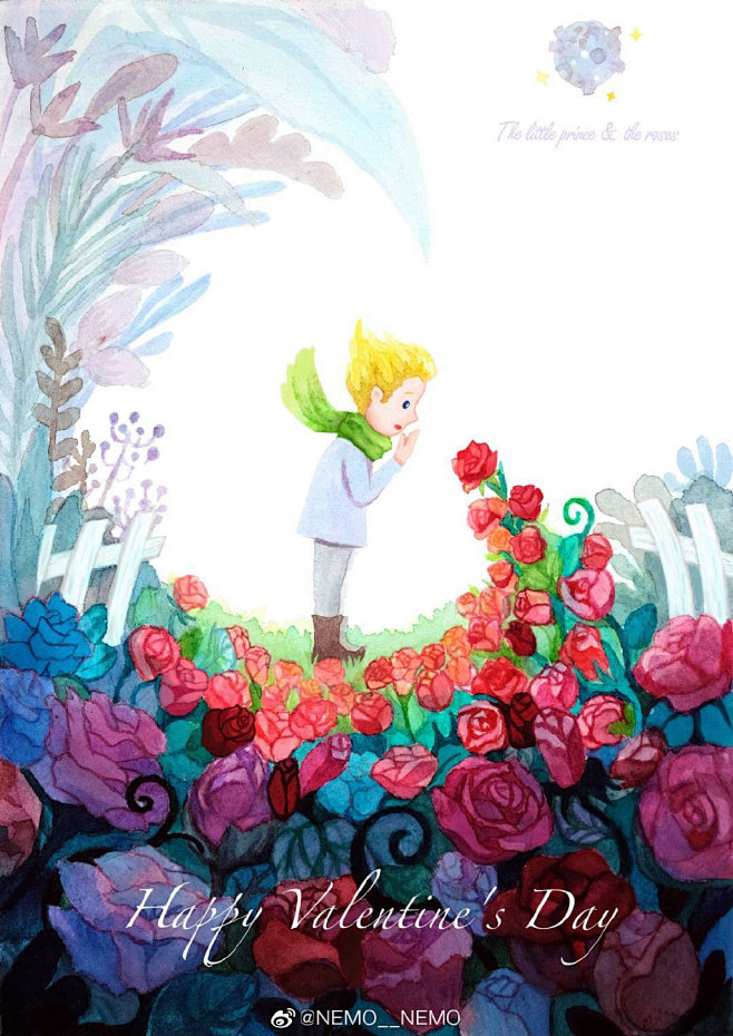 小王子站在一个花园前，花园里满是盛开的玫...