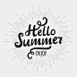 Hello summer, typographic inscription on vintage monochrome sun background