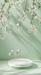 创意浅绿清透质感春天3D梨花花枝电商展台绿色直播花朵