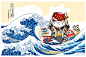 日式浮世绘神奈川海浪墙纸卧室宿舍寿司店日本料理手绘壁纸餐厅-淘宝网