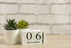 木历12月6日。冬季，空白文字。12月的日历，在一个灯光背景。