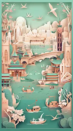 城市地标建筑中国风山水美式复古扁平风插画