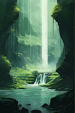 AI数字艺术原创河流瀑布雨水插画-众图网