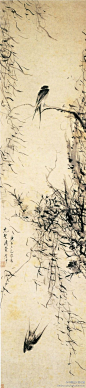 
水墨画【 清 刘彦冲 《桃柳双燕图》】立轴，纸本，136.5×31.8cm，上海博物馆藏。 画中桃花以没骨法淡墨晕染。用中锋描作柳叶，墨色浓淡、干湿相得盖彰，用笔似乱非乱，似断非断，将垂柳飘曳飞扬的风姿表现的淋漓尽致。作品中的两只燕子，一动一静、一上一下，使画面空灵淡宕之间，极具动感神韵。



