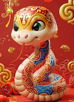 一条农历新年风格的可爱蛇，身上有彩色图案迪士尼皮克斯动画风格-图巨人