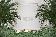 热带白色裙房几何和植物装饰的白色背景。3d渲染