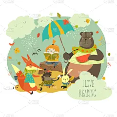 可爱的,书,女孩,野外动物,幻想,秋天,图像,动物,读书,想象