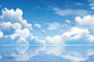 view of water with clouds under a blue sky, in the style of physically based rendering, ethereal cloudscapes, reflective surfaces, high horizon lines, joyful and optimistic, berndnaut smilde, light silver