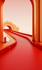 3d image of a red curved road leading into a room, in the style of rendered in cinema4d, commercial imagery, valentine hugo, orange and gold, advertisement inspired, playful use of line, traincore