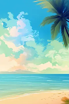 AI数字艺术晴朗天空扁平风夏季海边插画