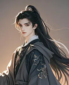 国风插画男子长发披肩垂直连帽长袍