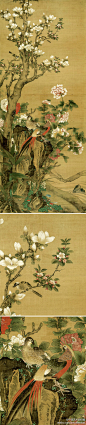 【 清 胡湄 《玉堂富贵》 】

立轴，绢本设色，166×70cm，天津博物馆藏。 

胡湄（公元17-18世纪初）署款字形奇特，甚有个性，据画史记载其为防止别人作伪，题款故作离奇之势。其画皆可质库质金，库人惟恐其取赎。其画上有一押角印曰：“不遇赏鉴家，宁落咸阳城”，可见其对自己绘画艺术之自负。