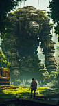 A massive construct of clockwork gears and machinery, Amazing Concept art, in the style of SHadow of the colossus and Atey Ghailan, Volumetric lighting, Cinematic, Ruins, Landscape, Temple, trees