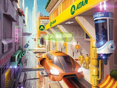 Atan 日历插图汽车城市飞行未来高科技...