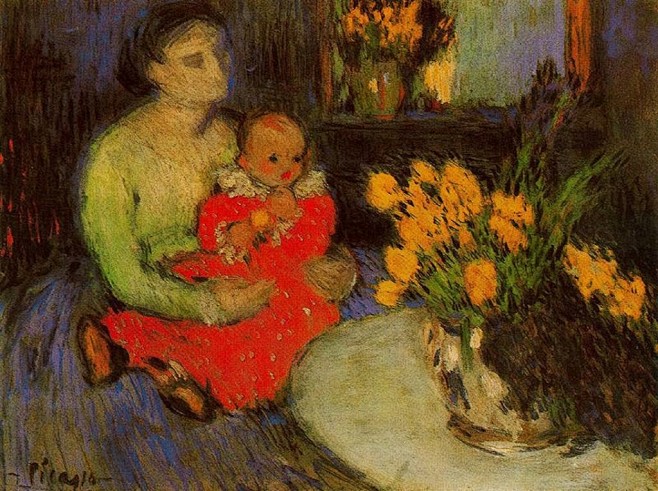 花篮旁的母亲和孩子