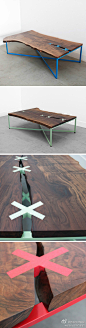 Interesting Coffee Table - Stitch by Uhuru Design 实木板是唯一的，茶几也是唯一的。实木和钢结合，木板上的十字是高强度的再生塑料。充满个性和独特的审美。 这是一家致力于可持续发展，创造永恒的设计的家具设计公司。http://t.cn/zHAAams更多