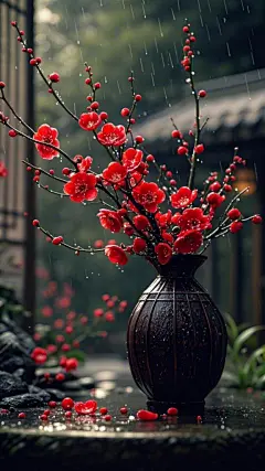 下雨天室外一束红色的梅花的高清手机壁纸