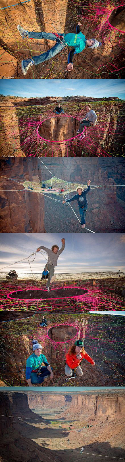 一个极限运动的团体在犹他州的悬崖上，用手...