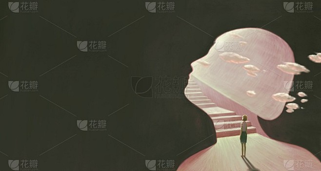 成功的希望有抱负和梦想的观念。超现实主义的艺术作品。年轻女子看着灯光和楼梯在一个大门，商业背景插图。