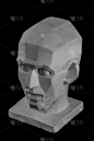 plaster statue of a human skull and head with an angular outline graphic