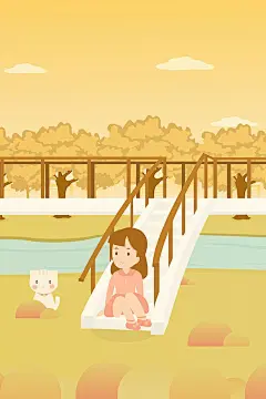 秋意浓浓秋分节气公园小桥女孩与猫矢量插画