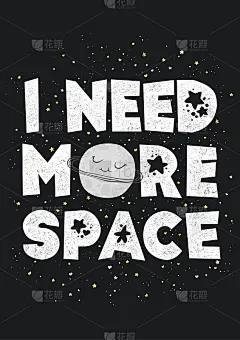矢量插图与可爱的手绘卡通行星，星星和短语我需要更多的空间孤立的黑色背景。设计海报，印刷，卡片，房间装