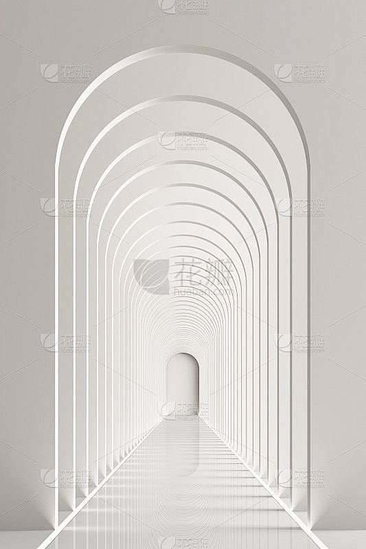 3d渲染弧节奏走廊与LED条在白色基调