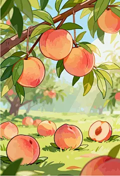 桃树果园卡通插画