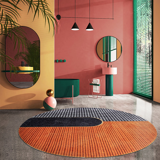 千鸟格橙色圆形镜子地毯现代简约轻奢网红地...