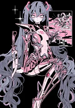 这可能包含：一个长发、粉红色眼睛的动漫人物坐在黑色背景前