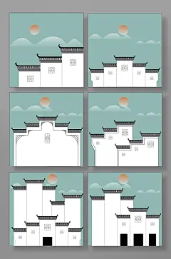 清新雅致徽派建筑元素插画-众图网
