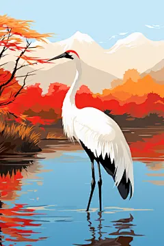 河边丹顶鹤二十四节气白露插画图片