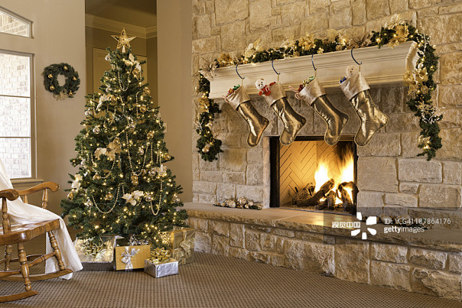 壁炉,树,圣诞长袜,礼物,壁炉架正版图片...